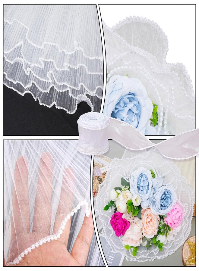 yeabwps 4.37 Yards Floral Bouquet Wrapping Paper, Wrinkled White Mesh with Pearl Edge Floral Wrapping Paper with 10 Yards Ribbon for Valentine's Day Mother's Day - Image 3